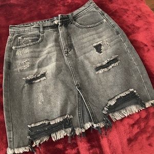 Grey Denim Distressed High-Waisted Mini Skirt